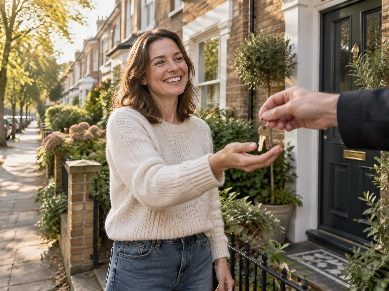 Happy homeowner receiving house keys outside a British property