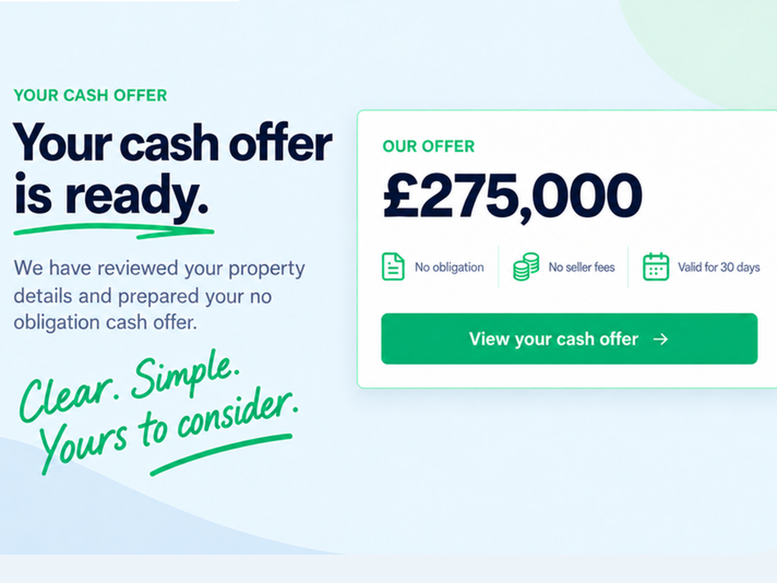 Verified Property Buyers digital cash offer showing £275,000, no obligation, no seller fees and 30-day validity