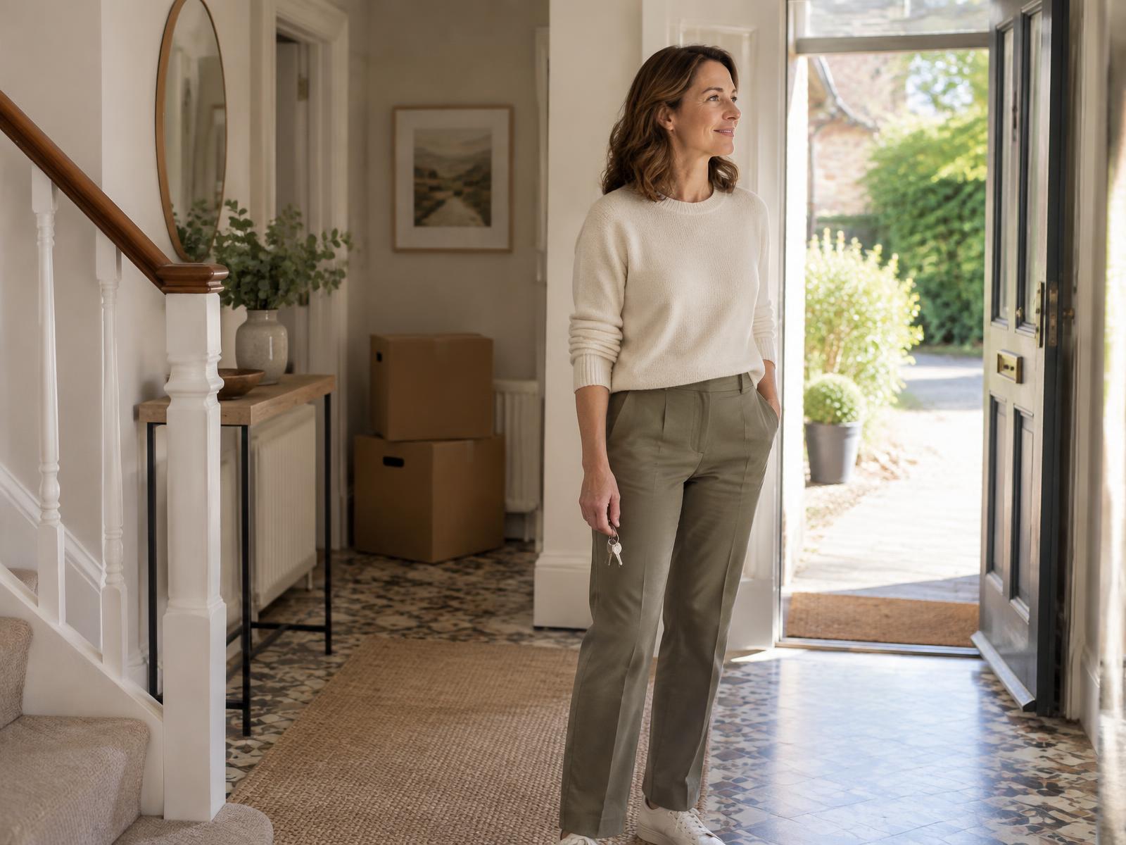 Homeowner holding a mug beside packed boxes and house keys in a bright home