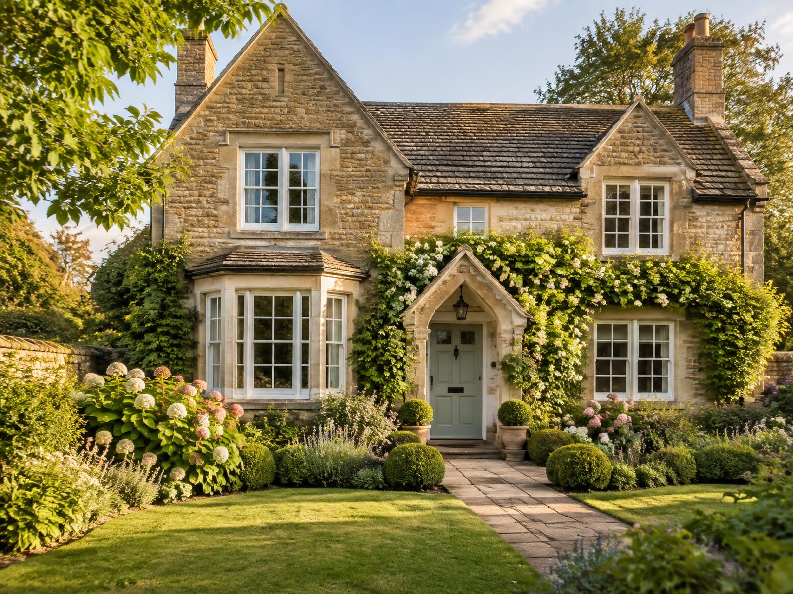 Characterful British family home with a mature garden in warm afternoon light